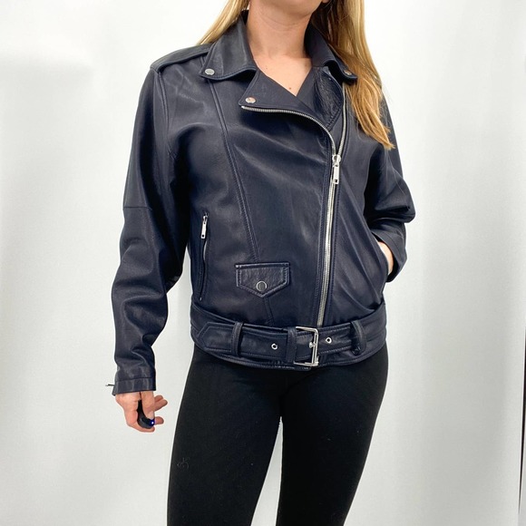 NWT LTH JKT Zoe Batwing Biker Leather Moto Navy Blue Jacket Size Small - Picture 2 of 16